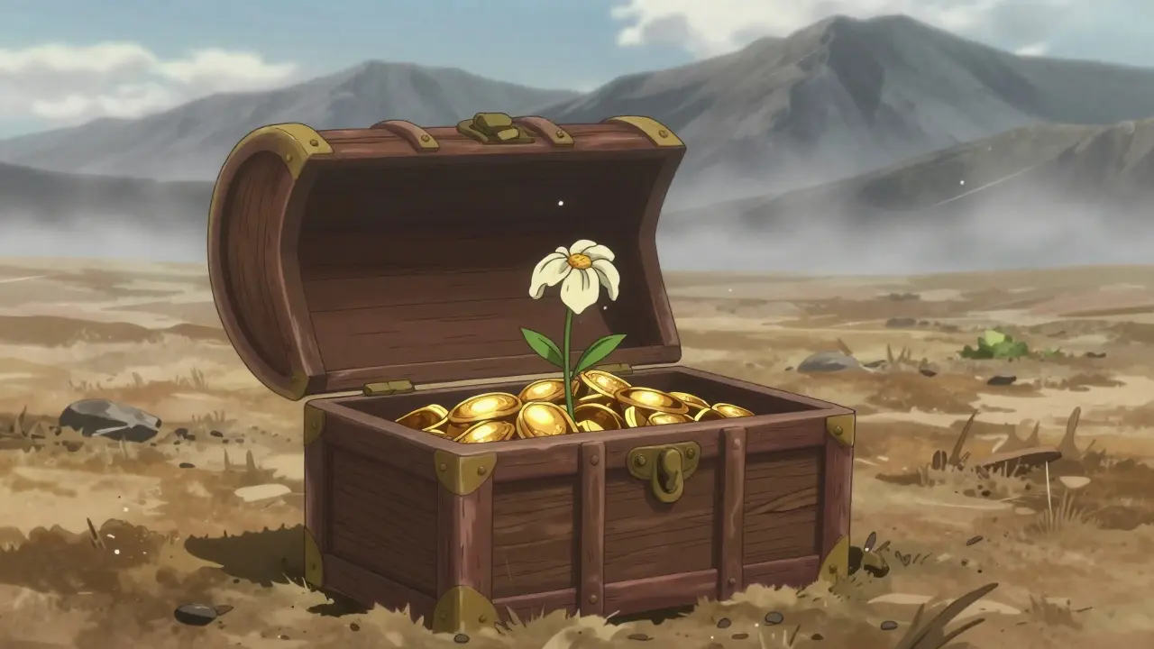 Empty treasure chest with a single flower in a barren landscape.