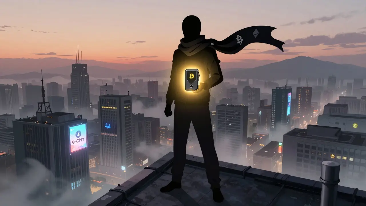 Figure on rooftop holding hardware wallet as city below displays digital yuan banners, with hidden crypto symbols in shadows.