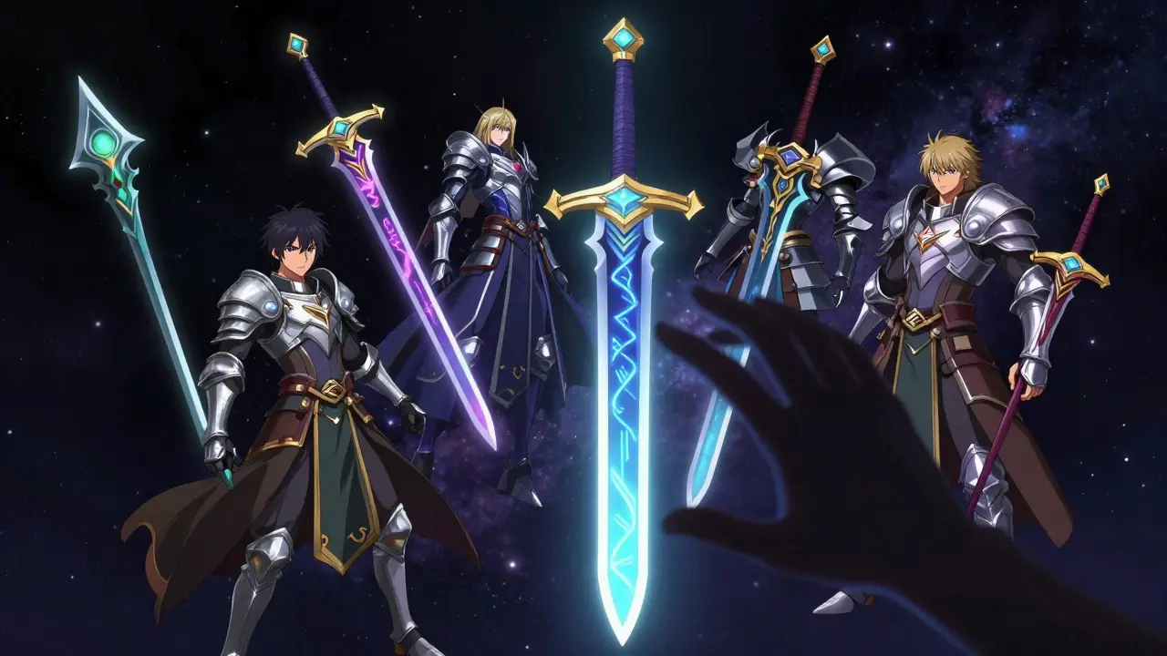 Glowing magical weapons floating in a mystical cosmic void