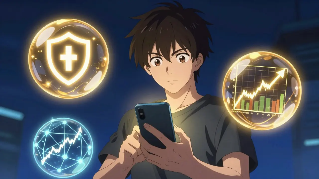 Hero standing before floating orbs representing security and AI