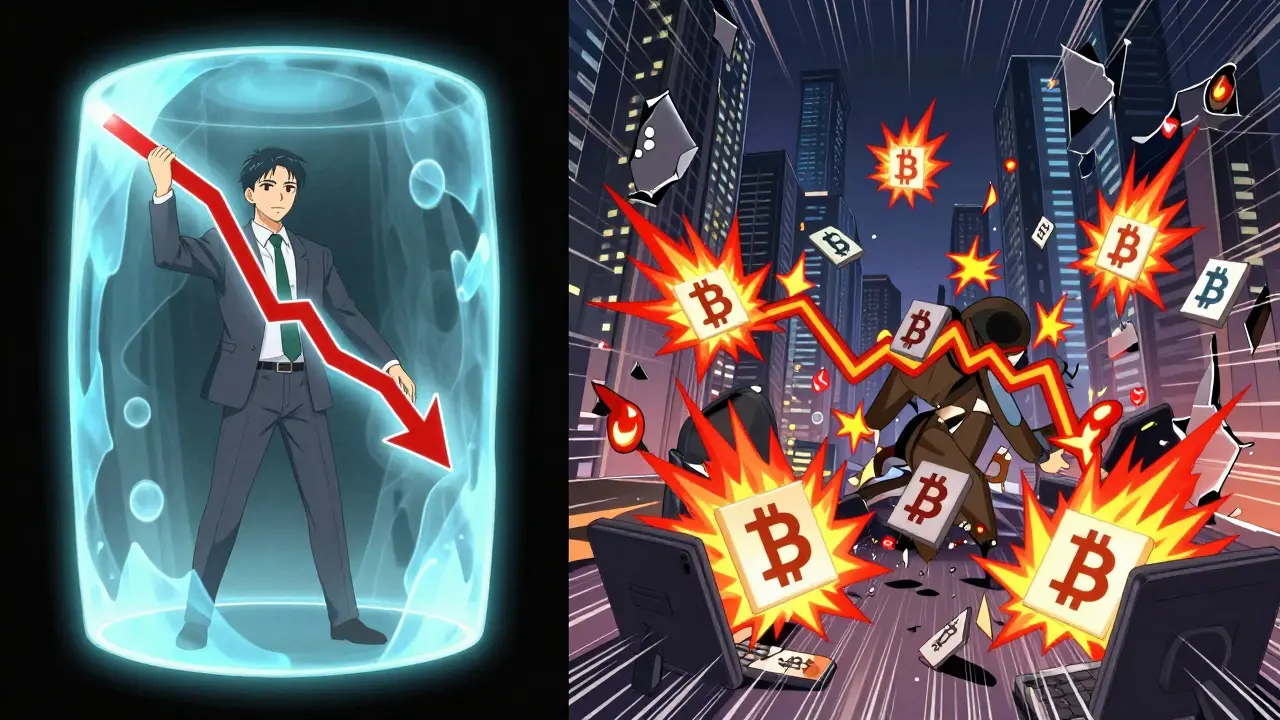 Left side: a single position protected by a barrier; right side: multiple positions exploding in a chain reaction of liquidation sparks.