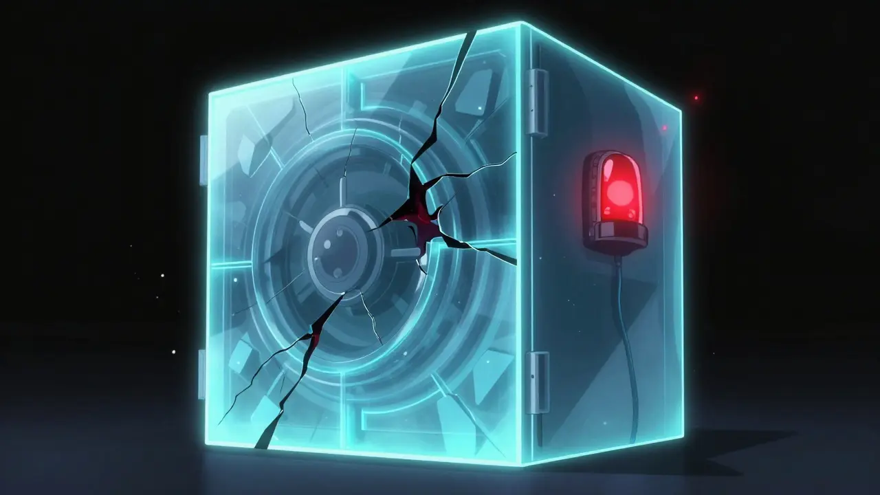 Neon digital vault with cracks leaking dark energy in a dark room.