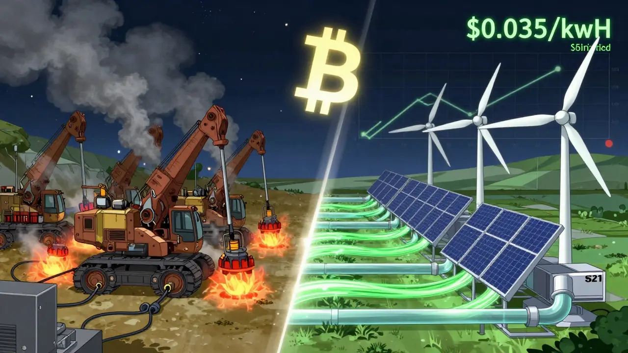 Outdated mining rigs overheat while a modern S21 runs efficiently under renewable wind energy.
