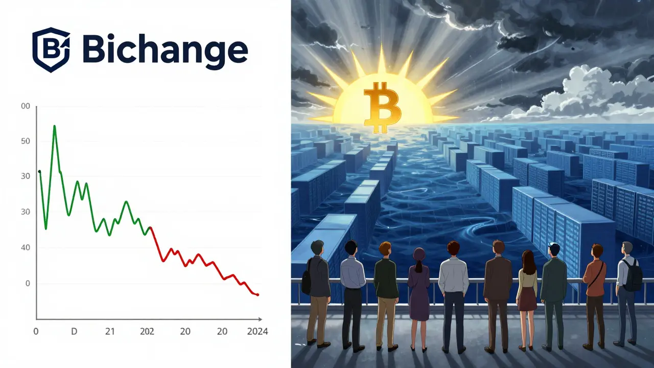 Panoramic anime scene showing Bitcoin liquidity evolution from 2020's thin order book to 2024's deep, smooth walls under a rising sun.