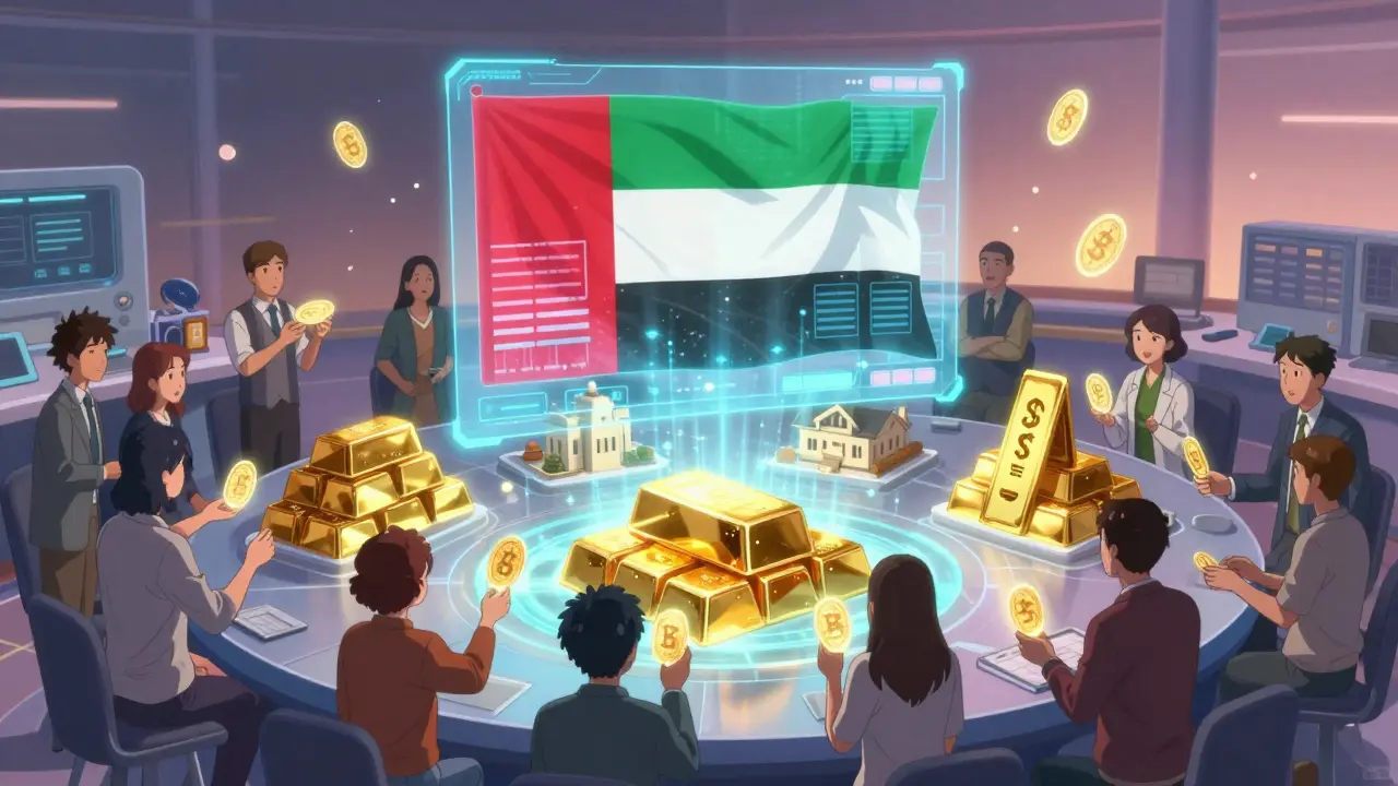 Physical assets being transformed into digital tokens by glowing blockchain nodes in a futuristic lab.