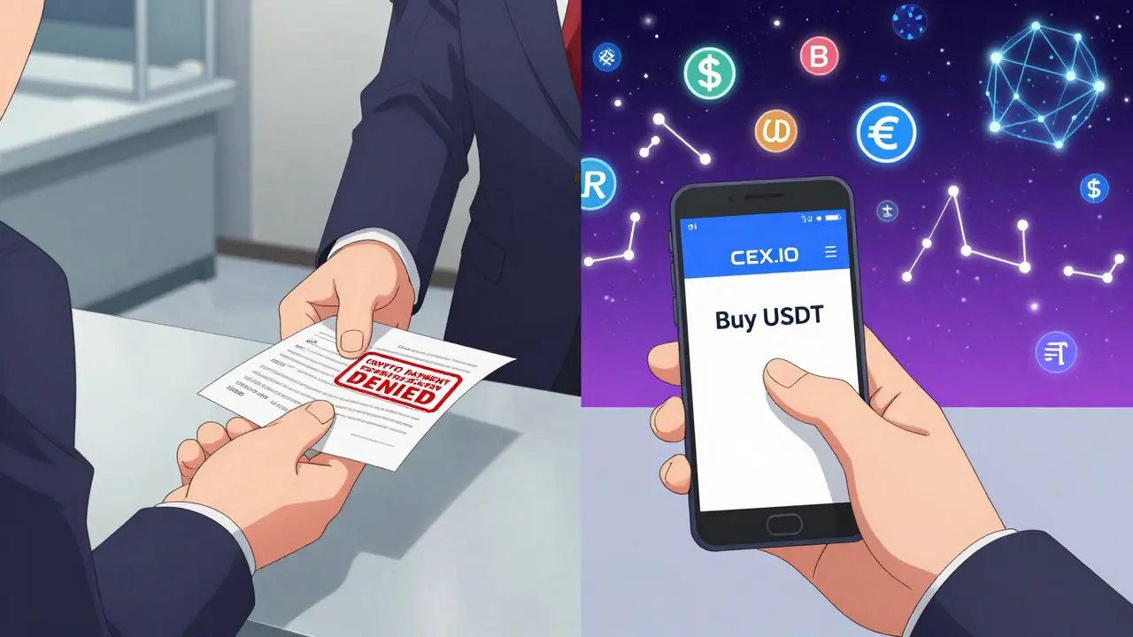 Split scene: bank rejecting crypto payment vs. person successfully buying crypto on mobile app with global currency icons.