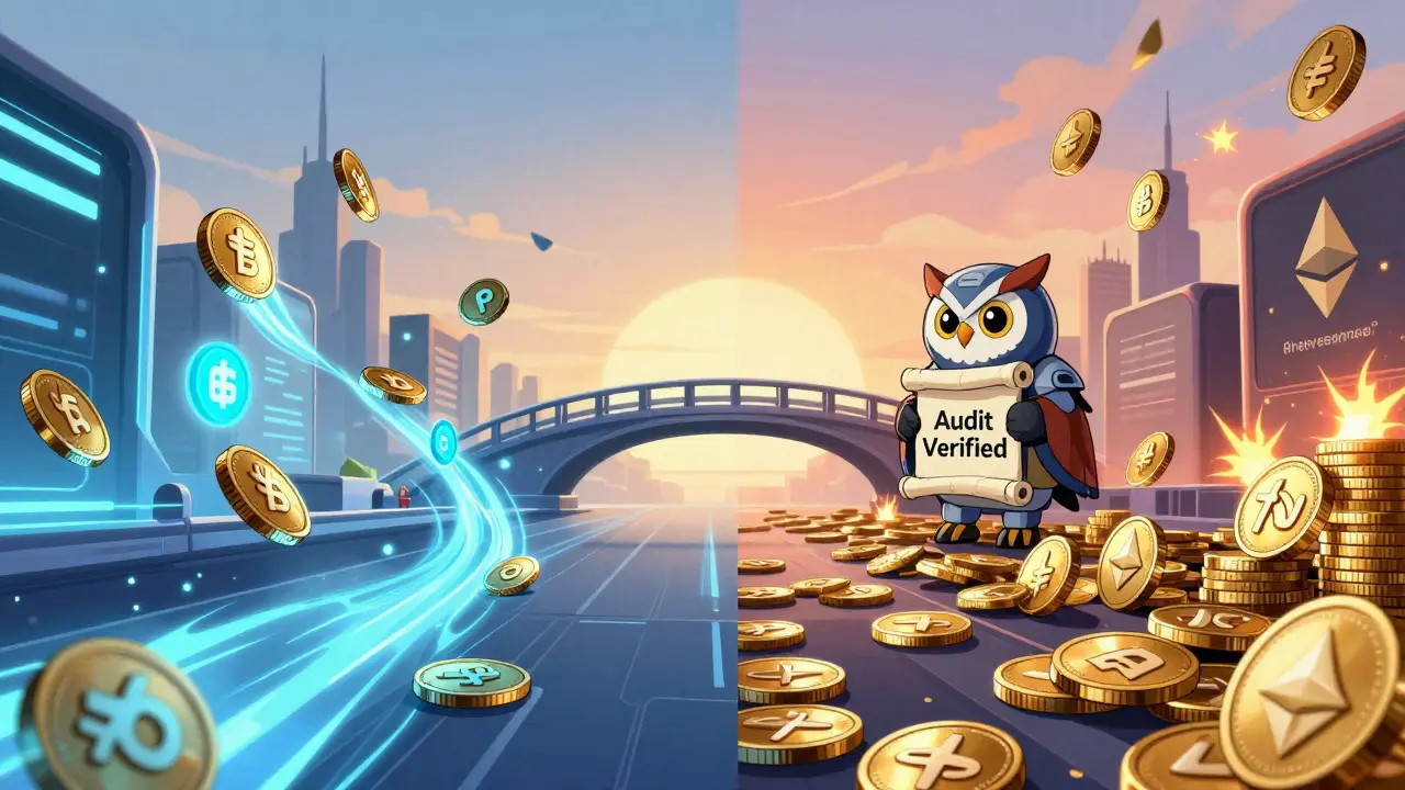 Two blockchain worlds side by side: FreeTON’s speed vs Ethereum’s congestion, connected by a verified bridge.