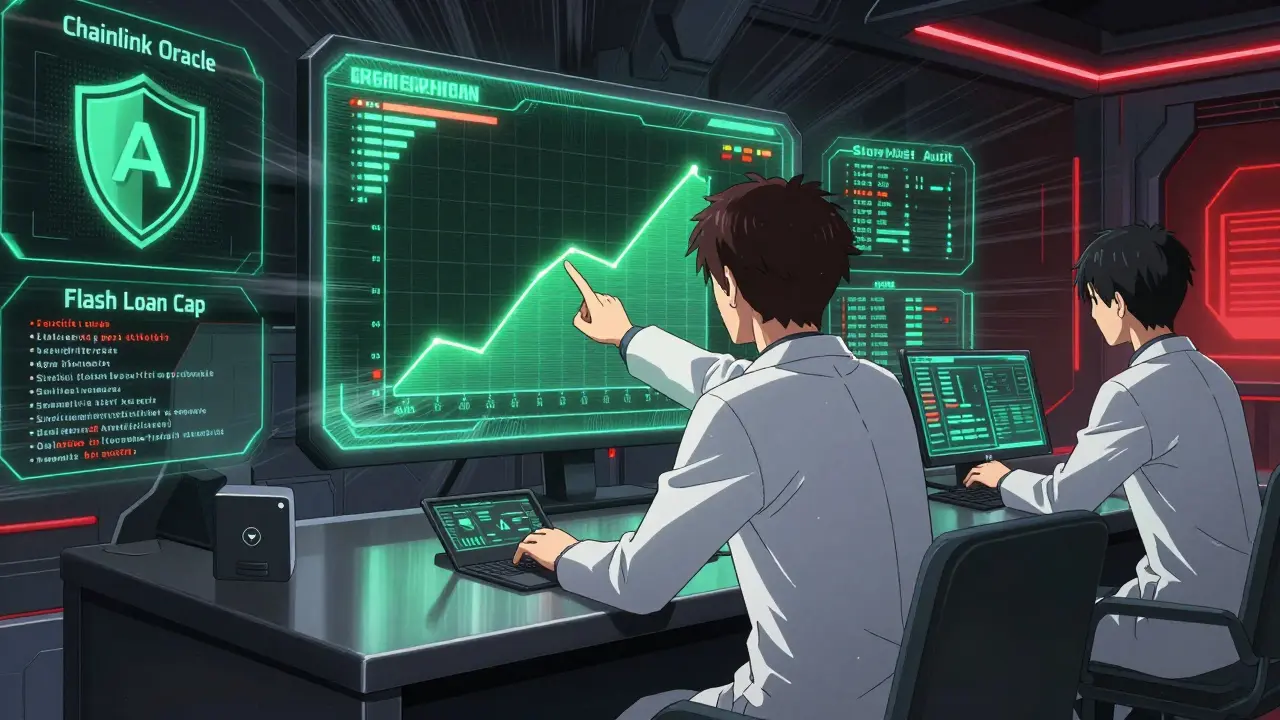 Two characters monitoring security systems for C.R.E.A.M. Finance with holographic audit and oracle shields glowing on screen.