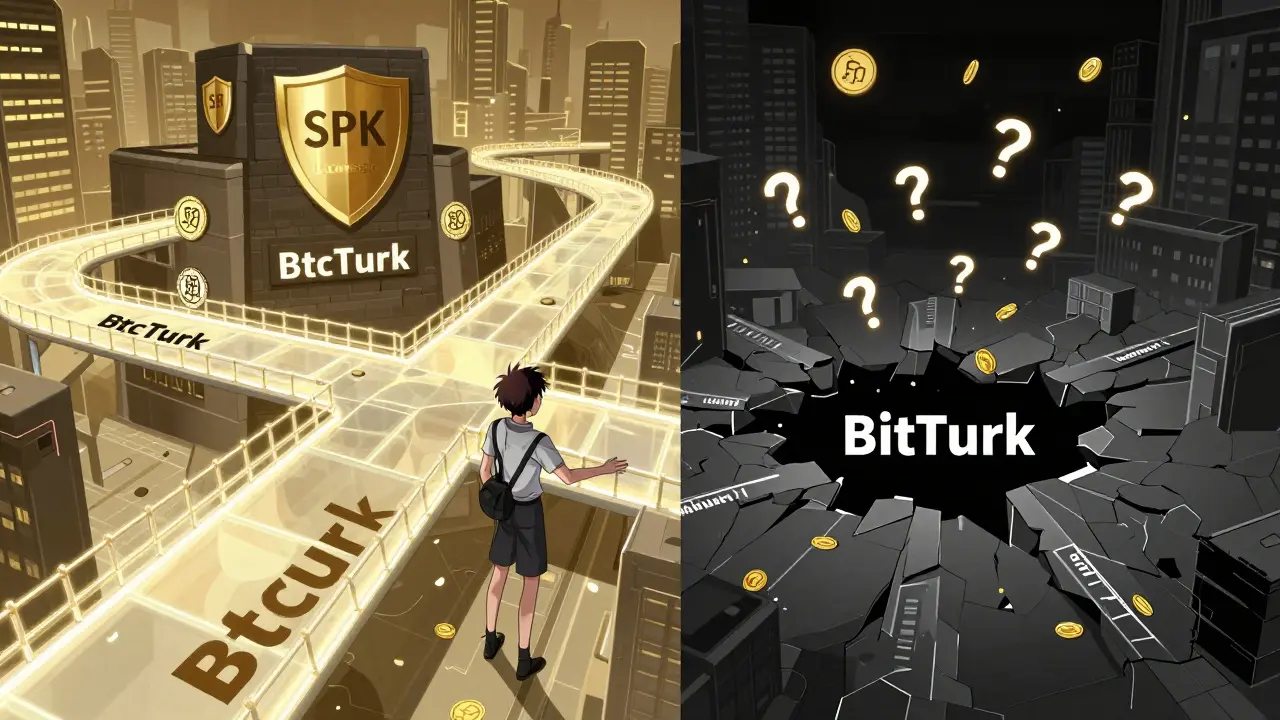 Two digital paths: one safe leading to a licensed exchange fortress, the other crumbling into a black hole labeled 'Unregulated'.