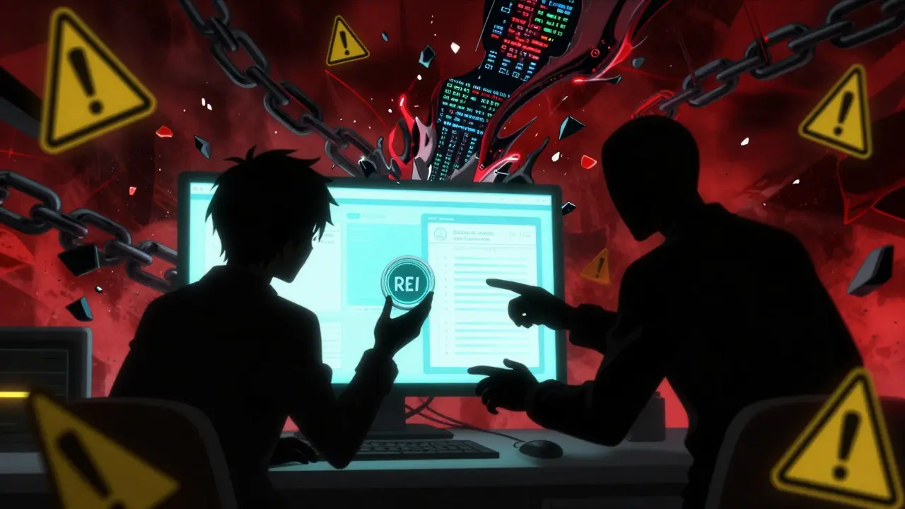 Two figures at terminal with warning symbols showing scam risks and token claims