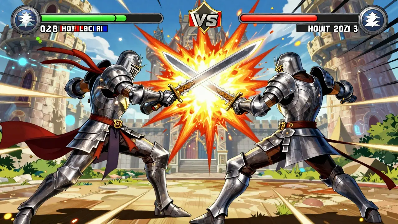 Two knights battling intensely in a dynamic arena clash