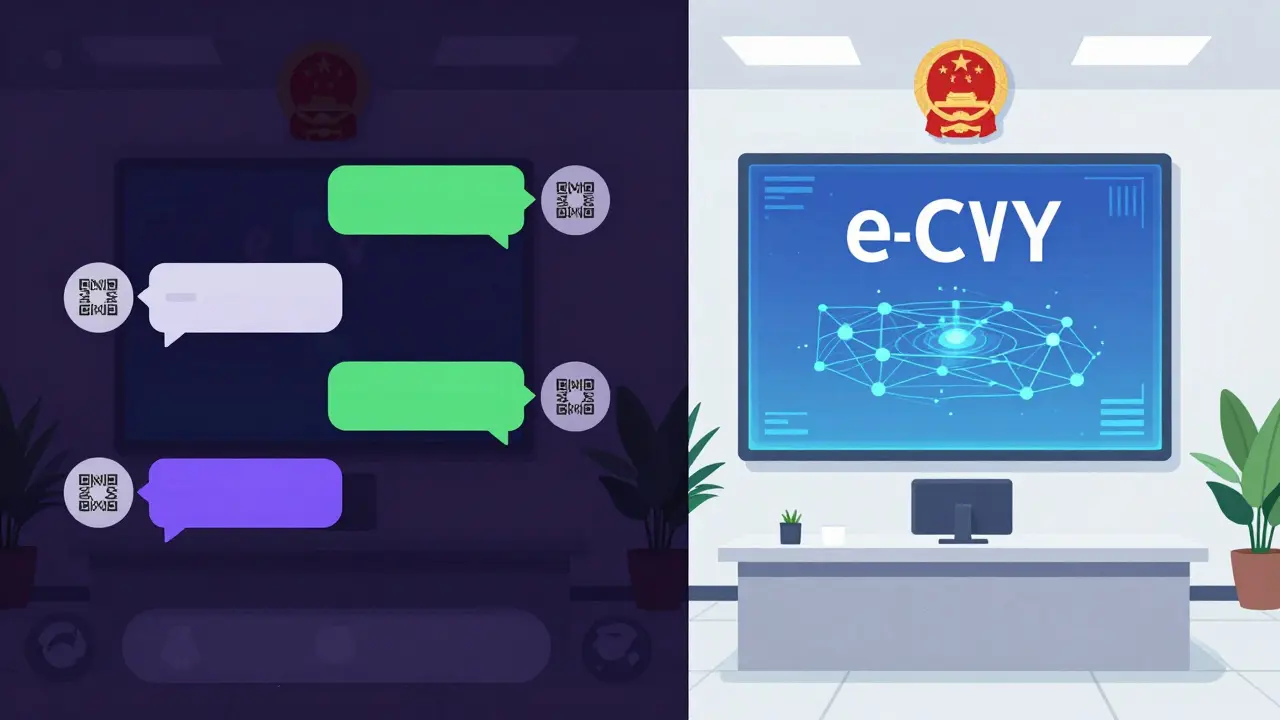 A contrast between a private encrypted chat and the official e-CNY digital currency.