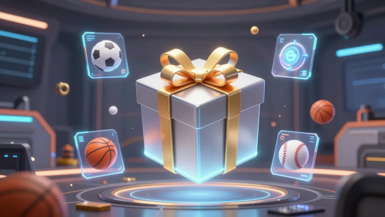 A glowing anime-style digital mystery box surrounded by floating sports icons.