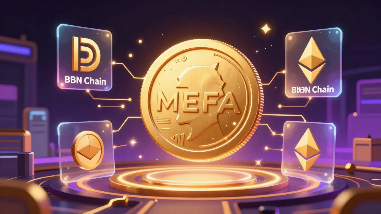 A glowing MEFA token surrounded by blockchain network symbols in anime style