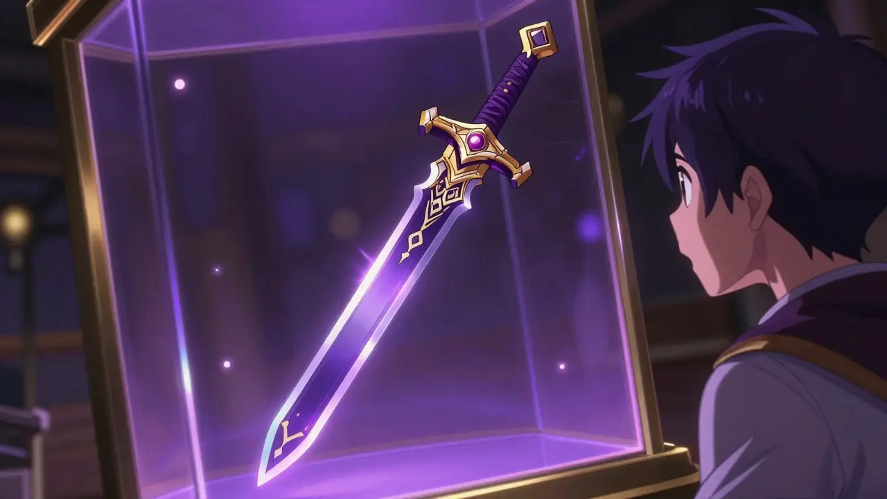 A rare legendary glowing sword displayed in a holographic case in anime style.