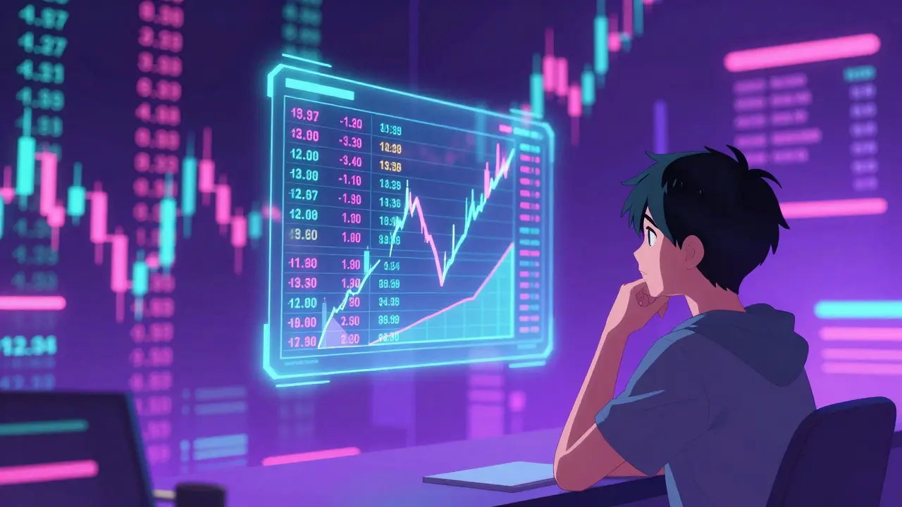 Anime character analyzing volatile crypto price charts in a neon digital market.