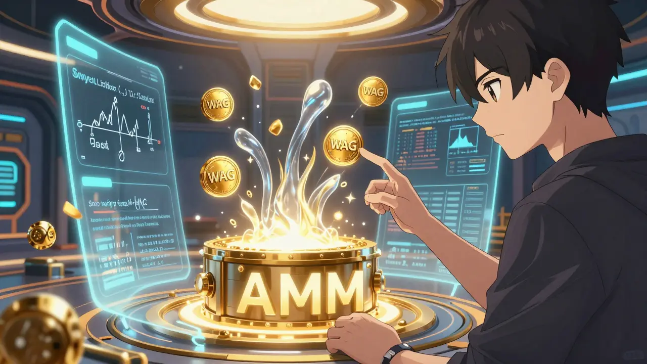 Anime character managing liquidity pools and staking on a holographic interface.