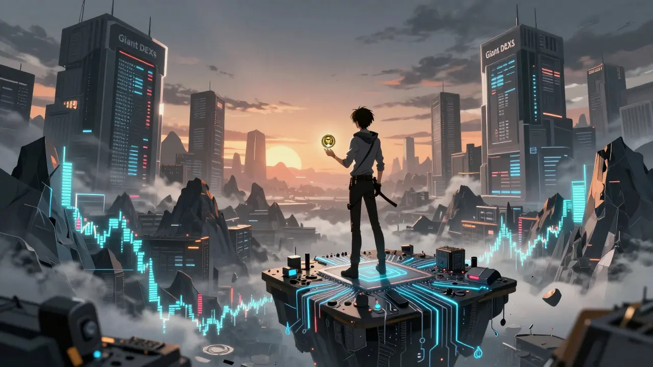 Anime character observing a volatile crypto price landscape with giant digital monoliths.