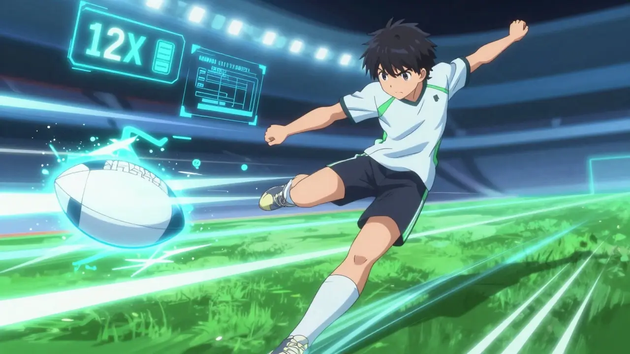 Anime character performing a high-speed digital football kick with neon effects.