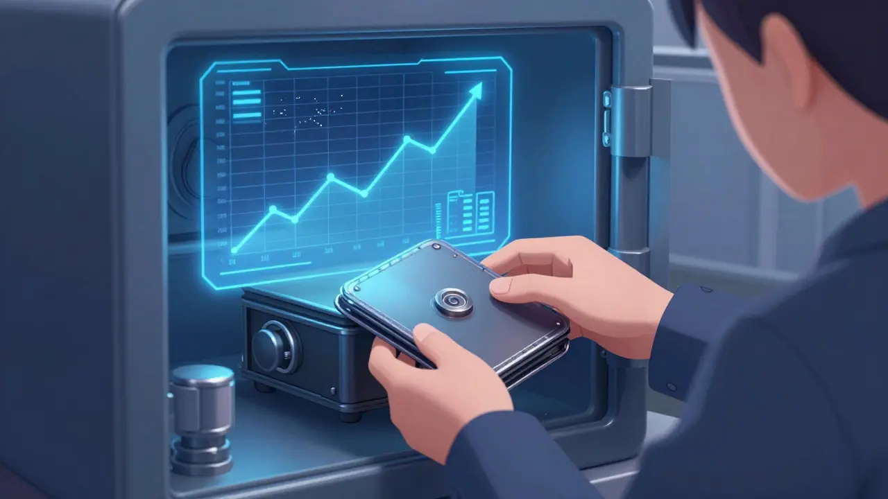 Anime character securing a hardware wallet in a high-tech futuristic vault