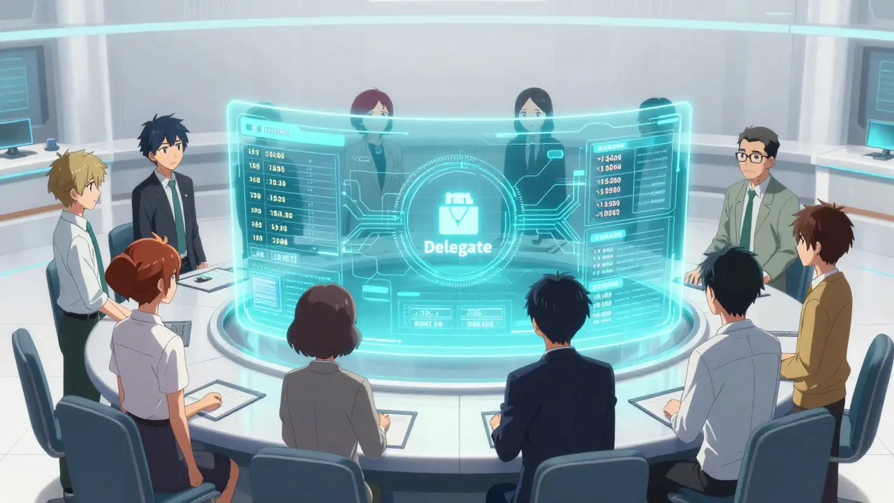 Anime characters analyzing a high-tech holographic voting dashboard in a command center.