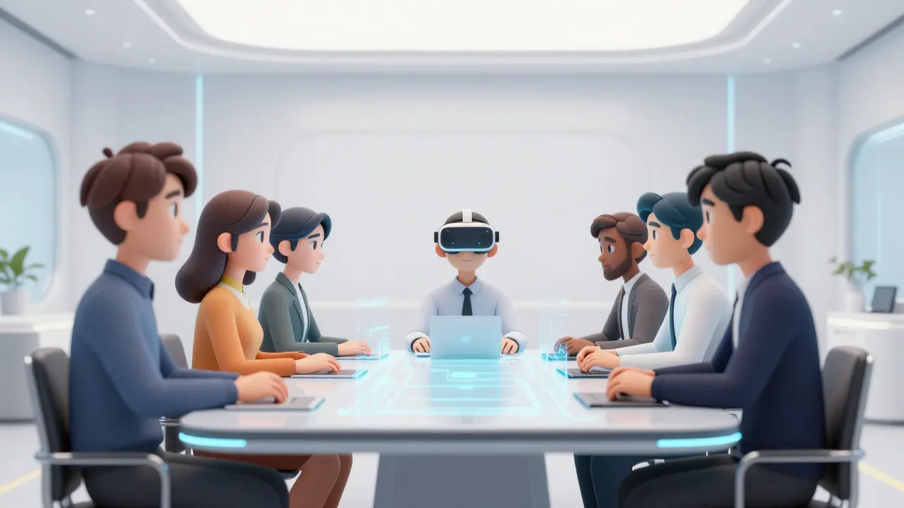 Anime characters with unique 3D Face NFTs in a futuristic virtual meeting room