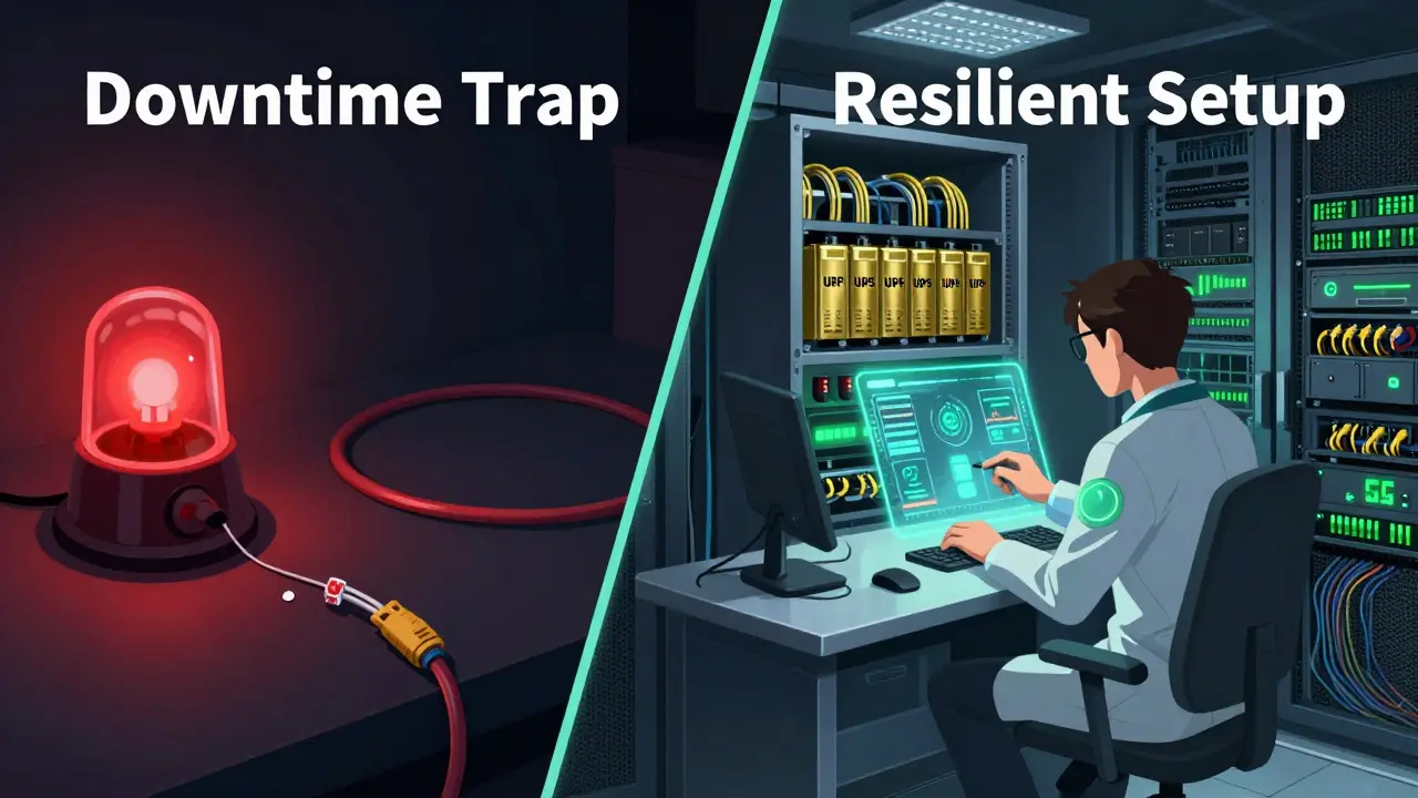 Anime comparison between a failing server setup and a stable, redundant validator node system.