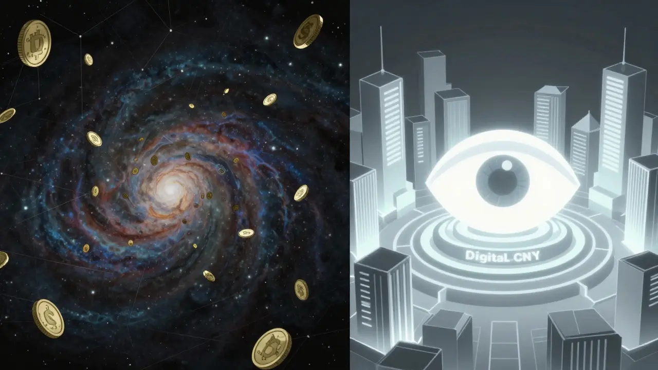 Anime comparison between chaotic decentralized crypto and the ordered, centralized Digital Yuan.