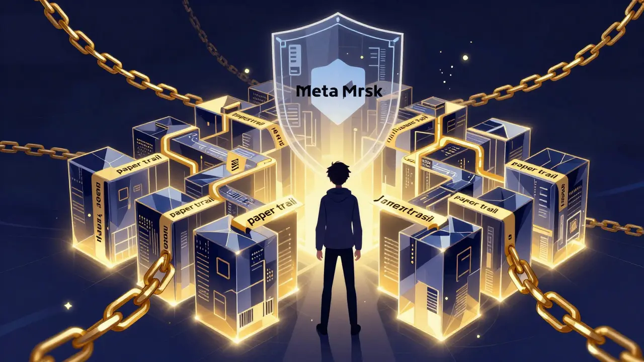 Anime concept of a digital data labyrinth representing cross-chain crypto tax complexity.