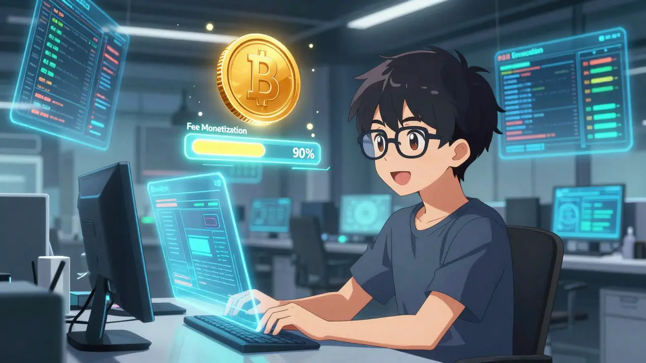 Anime developer at a holographic desk with a 90% fee monetization indicator.