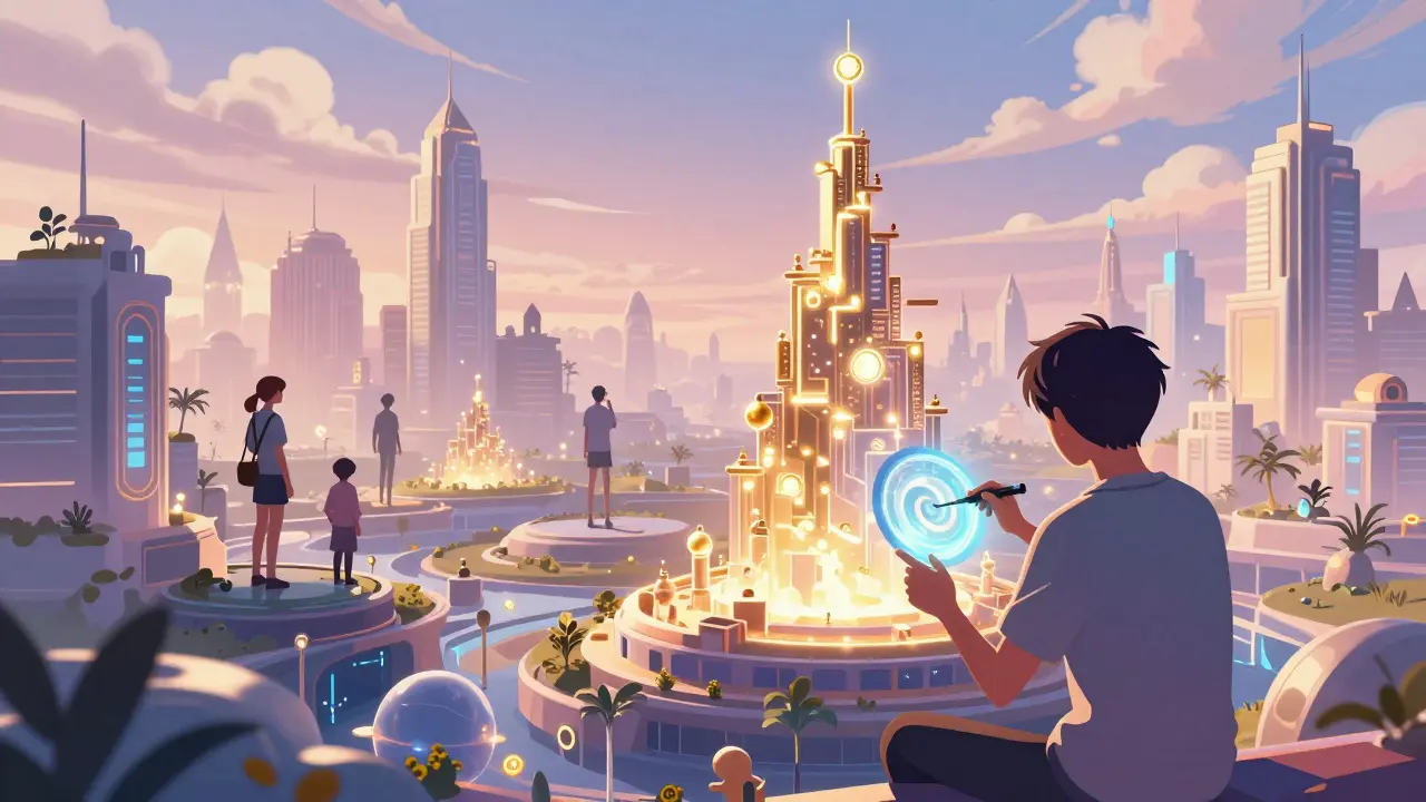 Anime digital artist creating a glowing NFT structure in a vast virtual landscape.