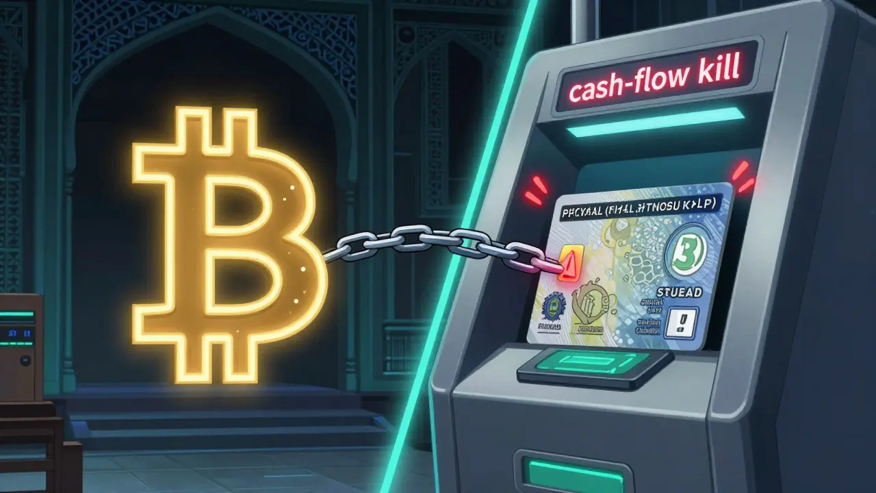 Anime illustration of a digital Bitcoin linked to a government FX card with red alerts.