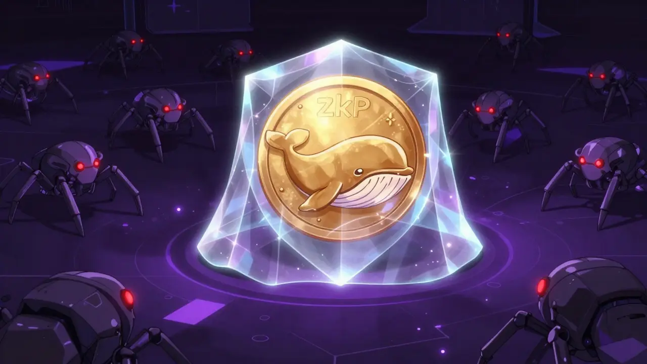 Anime illustration of a golden coin protected by a crystalline shield from robotic bots.