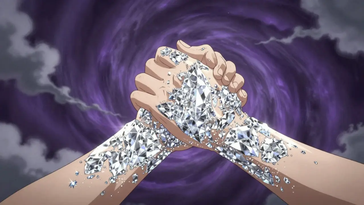 Anime illustration of diamond hands shining brightly amidst a stormy purple vortex