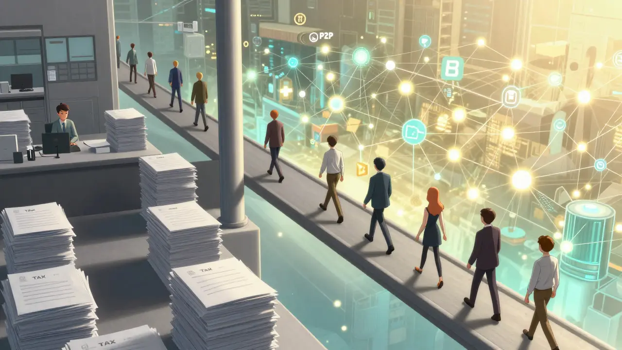 Anime illustration of people moving from a grey bureaucratic office to a glowing digital world.