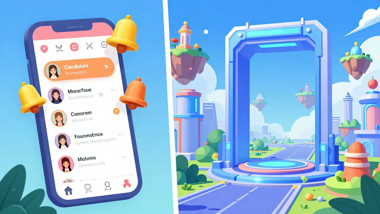 Anime montage showing a smartphone and a portal to a futuristic 3D virtual world.