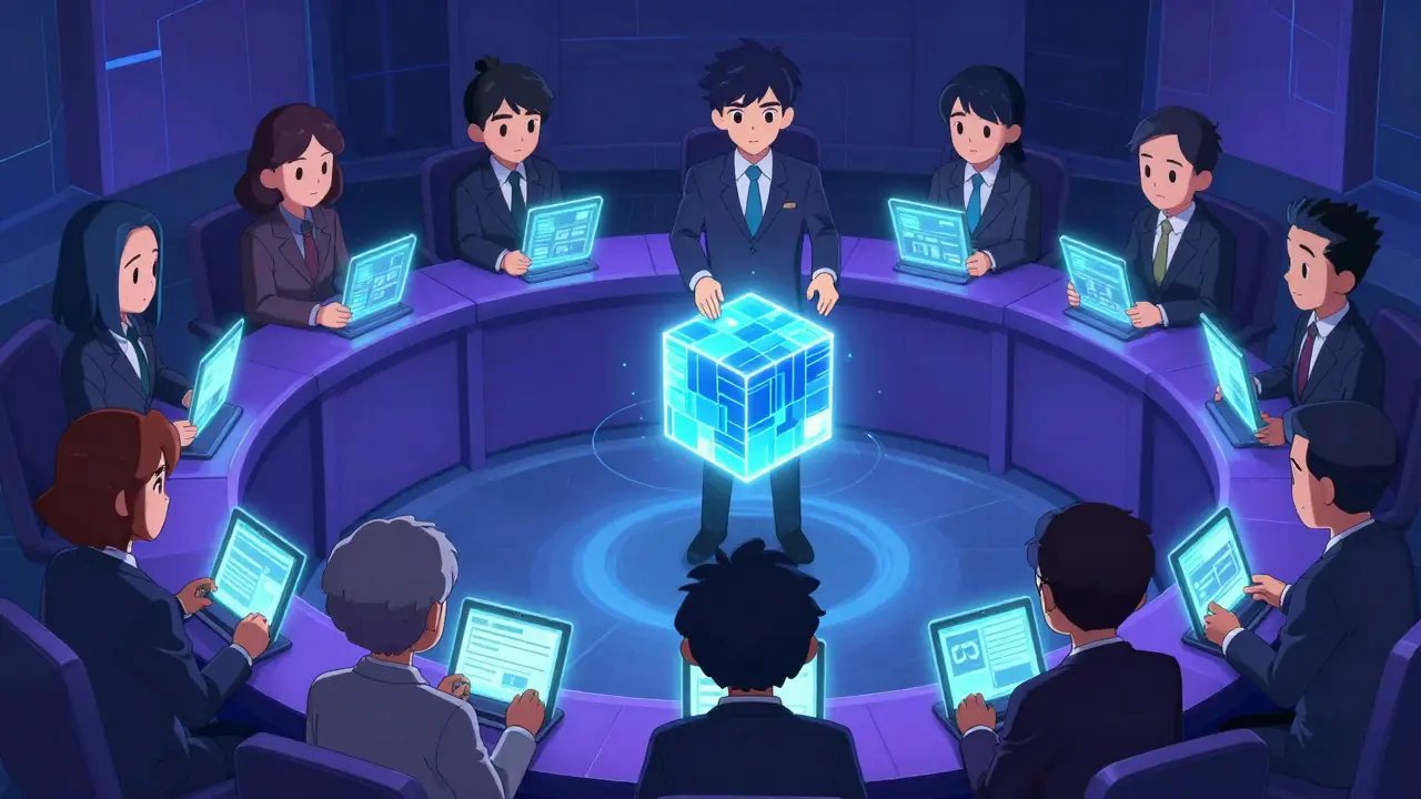 Anime scene of a block proposer presenting a data cube to a jury of attesters