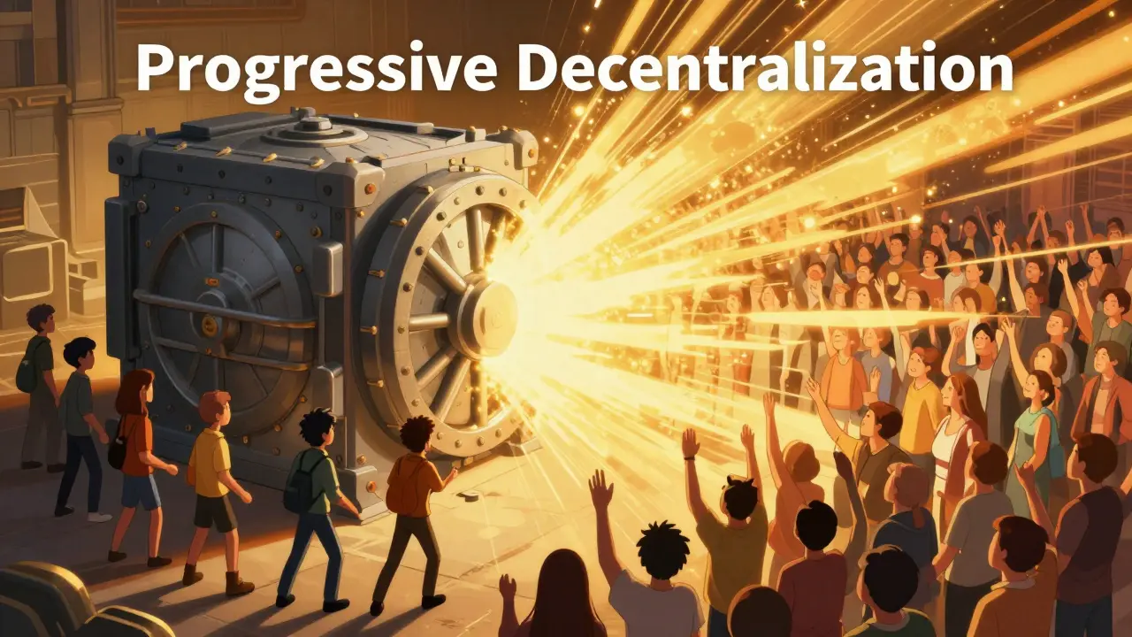 Anime scene showing a secure digital vault transforming into a wide community network.