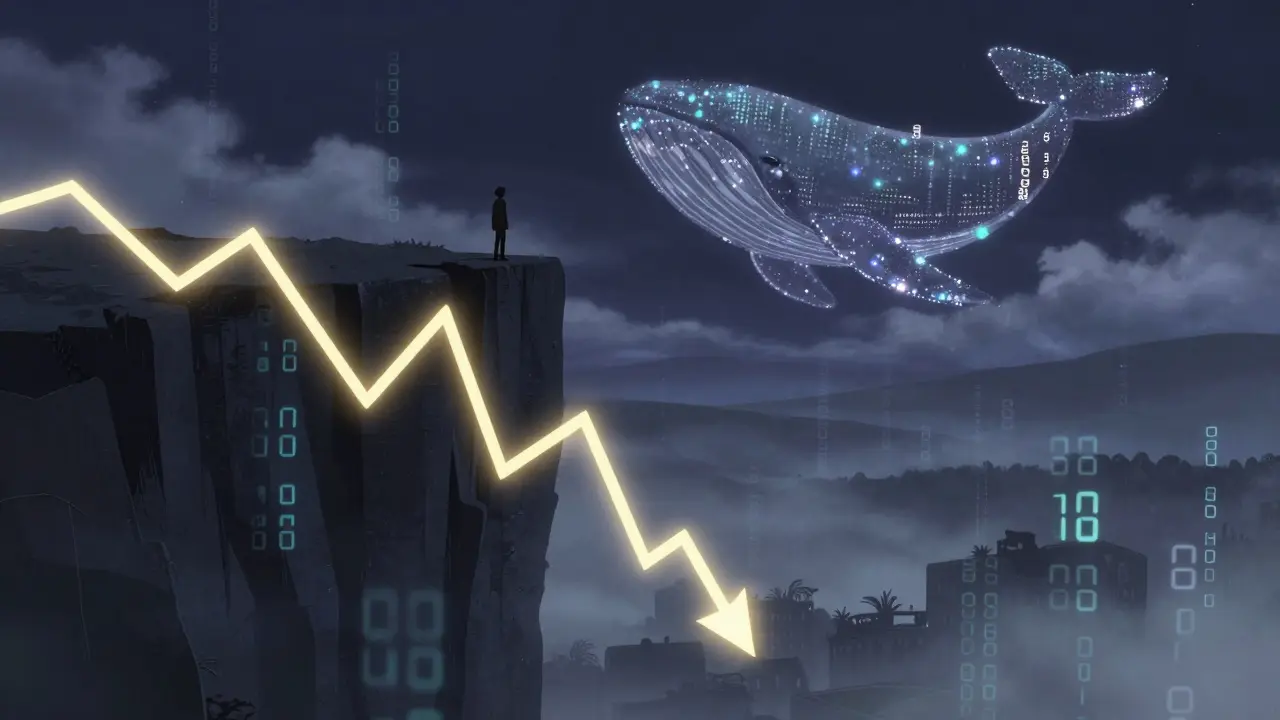 Anime scene showing a sharp downward price graph with a digital whale in the sky.
