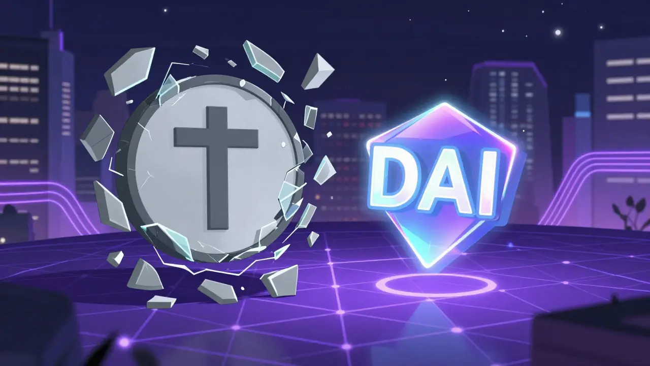 Anime scene showing a shattered USDT logo and a glowing DAI symbol on a purple grid.