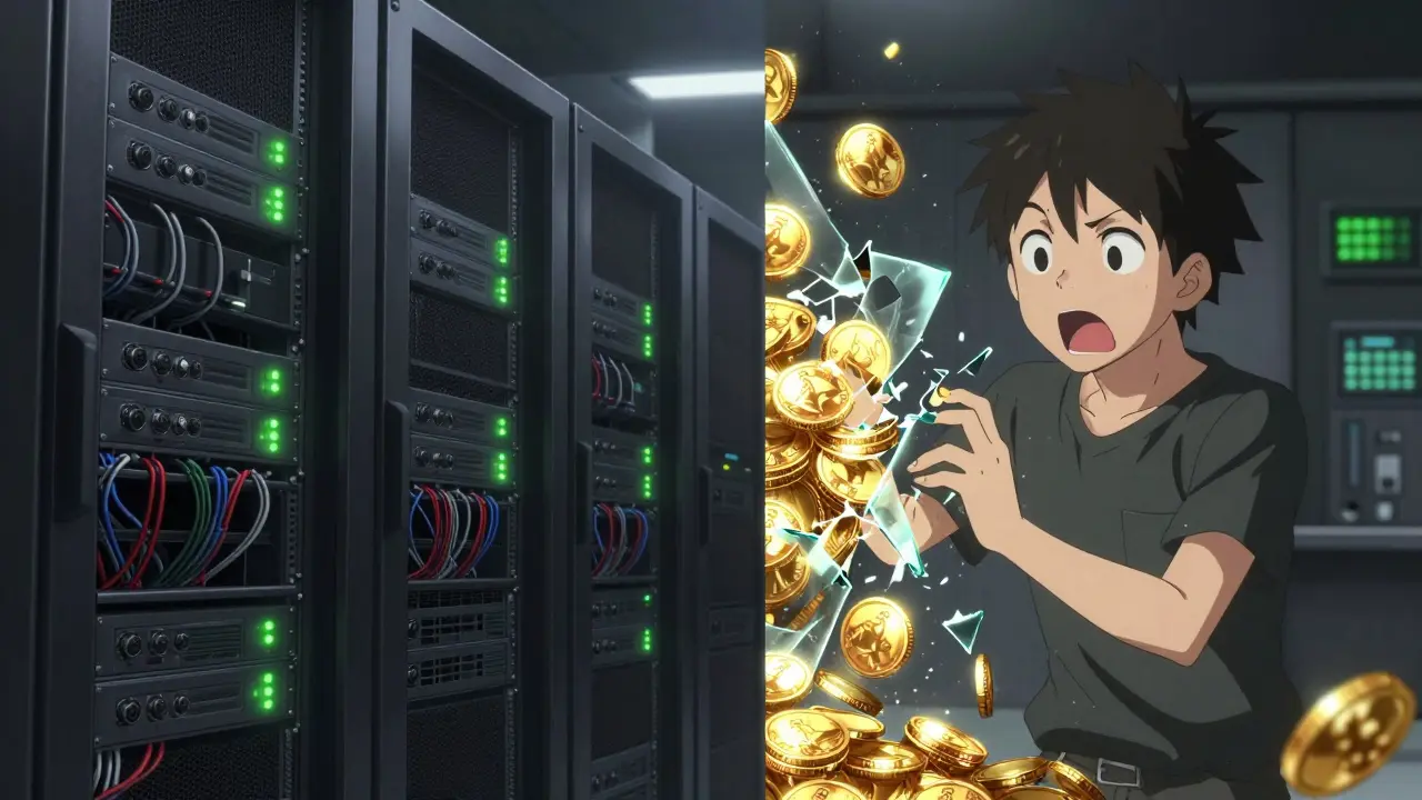 Anime split-screen showing a high-tech server room and gold coins shattering