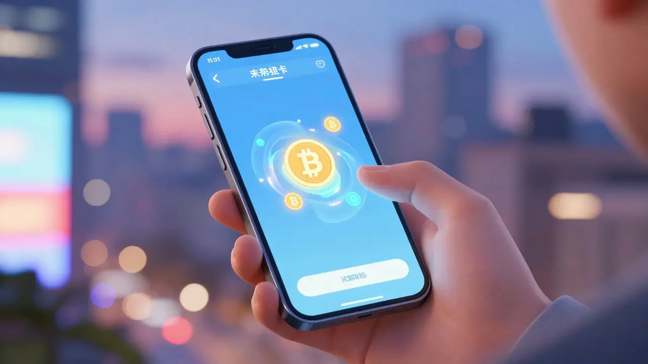 Anime style close-up of a holographic wallet performing an instant cryptocurrency swap on a smartphone.