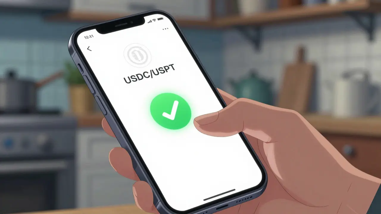 Anime style close-up of a smartphone screen showing a crypto stablecoin conversion