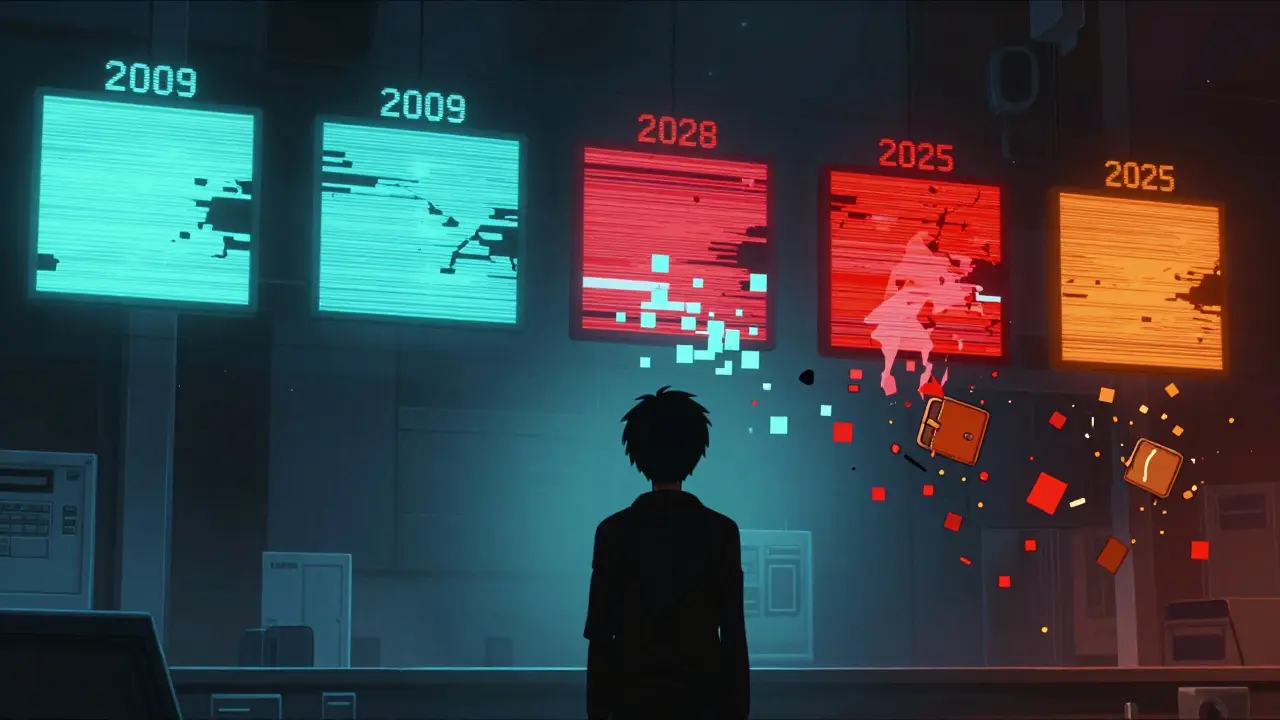 Anime style depiction of a digital wallet dissolving over a timeline of cryptocurrency bans.