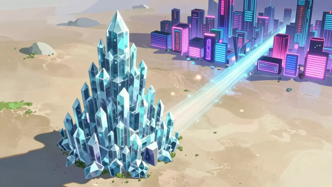 Anime style depiction of a secure crystalline fortress in a quiet digital landscape facing a distant neon city.