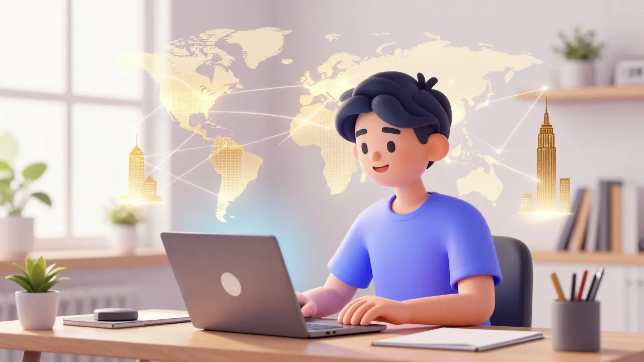Anime style freelancer working from home with holographic global connections