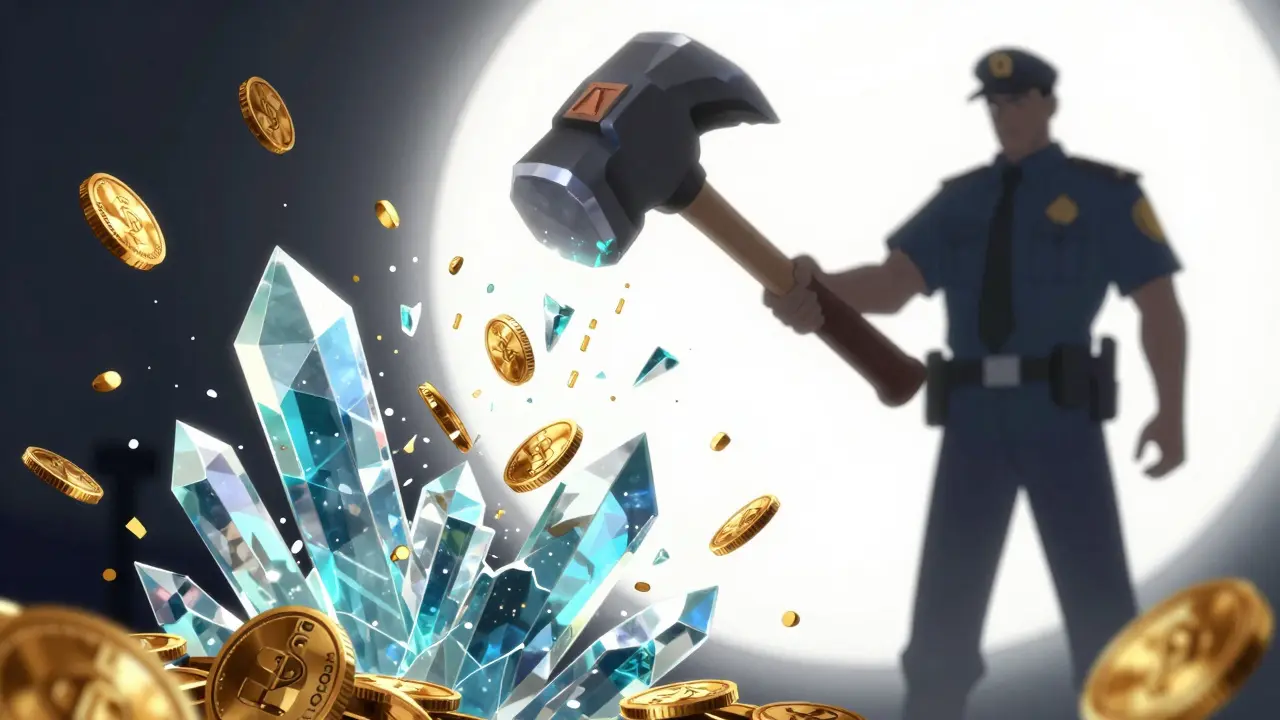 Anime style illustration of a digital hammer shattering a crystal exchange into gold coins.