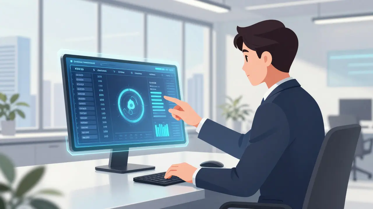 Anime style professional in a futuristic office using a holographic trading orderbook.