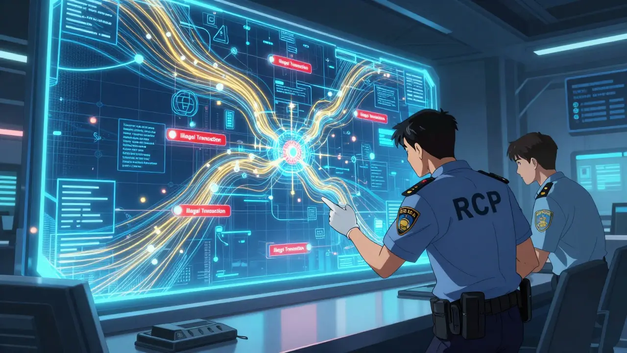 Anime style scene of detectives analyzing a glowing holographic blockchain map in a high-tech center.