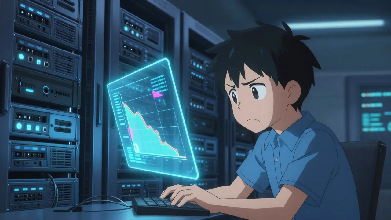 Anime technician in a high-tech server room looking at a declining holographic data graph.